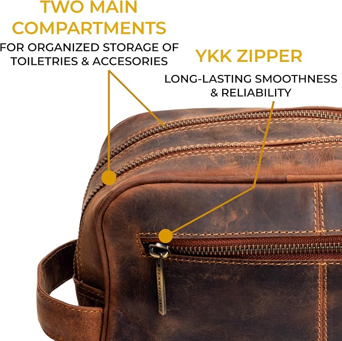 Leather Toiletry bag for men - Travel Pouch for Men & Women, Leather Dopp Kit, Cosmetic Makeup Kit with Waterproof Lining, Spacious Zippered Organizer (Tan Brown) - Image 3