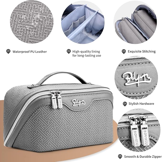 BOYATU Travel Makeup Bags for Women: Vintage Roman Column Texture | Each Journey, Quiet Luxury Serenity - 3 Pcs Set Large Capacity Cosmetic Bag Organizer Toiletry Purse(Grey) - Image 4