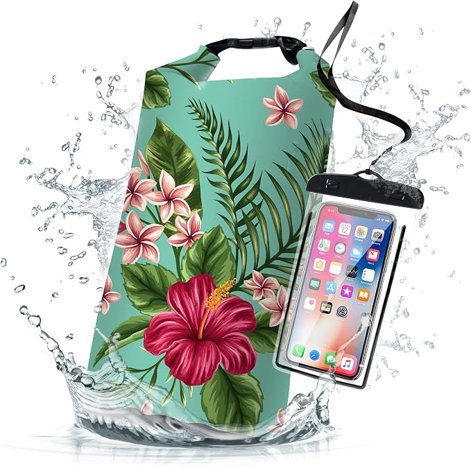 Waterproof Dry Bag,Roll Top Tropical Summer Watercolor Hibiscus Waterproof Backpack 5L/10L/20L Floating and Lightweight Bags for Kayaking, Boating, Swimming and Camping with Waterproof Phone Case by Cliduli