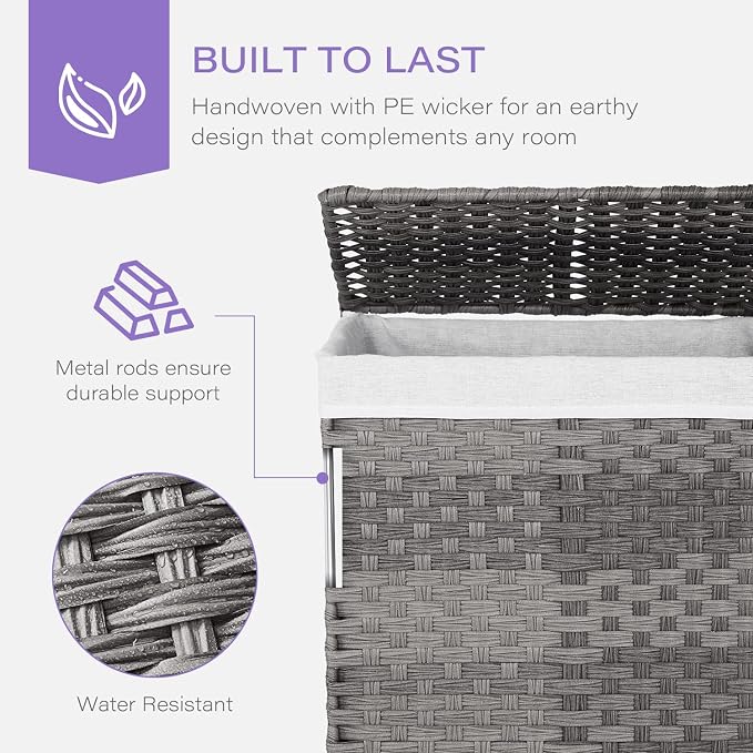 Paylesshere Laundry Basket Handwoven Laundry Hamper 90L/110L Foldable Rattan Hamper With Lid,2 Removable Liner Bags & 6 Laundry Bags,Clothes Hamper Bathroom Laundry Basket,Grey - Image 3