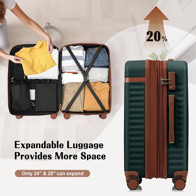 Hardshell Luggage, Lightweight Suitcase with Spinner Wheels, DARK GREEN+USB - Image 3