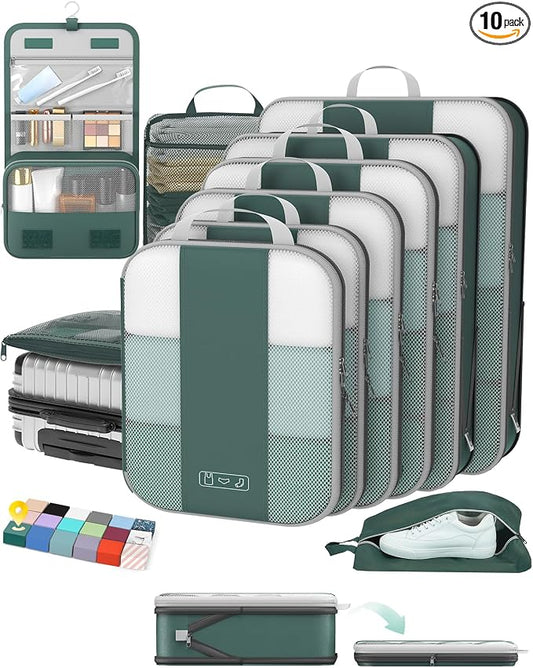 OlarHike 10 Set Compression Packing Cubes for Travel Essentials,Compressible Expandable Space Saver Bags for Organizing Clothes,Luggage Suitcase Garment Bags with Over 1000 pcs Mesh Holes(Dark Green) by OlarHike