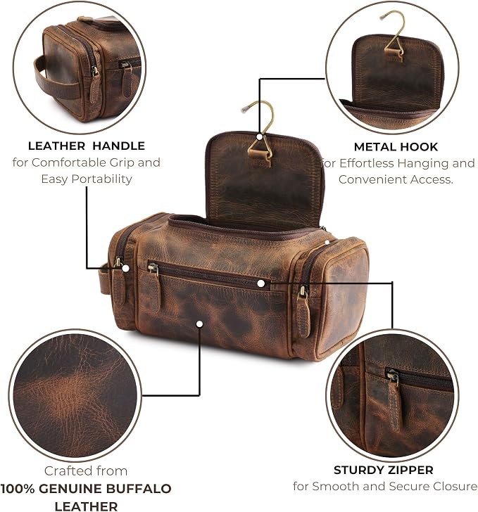 NomadCraftsCo. Medium Sized Hanging Leather Toiletry Bag for Men Women - Premium Men's Travel Bag, Dopp Kit, Leather Pouch, Mens Toiletry Bag for Travel - Image 4