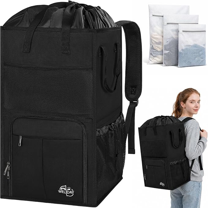 170L Laundry Backpack Bag with 3 Sizes Mesh Wash Bags Empty, Extra Large 2 in 1 Laundry Hamper Basket with Shoulder Straps, Freestanding Laundry Bag for College Dorm, Laundromat, Apartment (Black) by WELIDAY