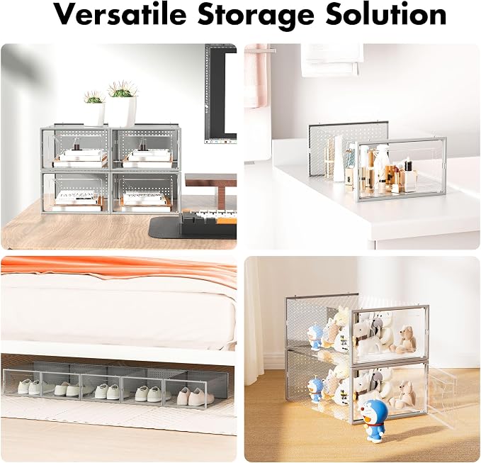Foluck Shoe Storage Box, 15 Pack Clear Plastic Stackable Organizer for Closet, Interlocking Design Shoes Container Bins for Sneakers, Foldable Shoe Rack with Lids, Grey - Image 6