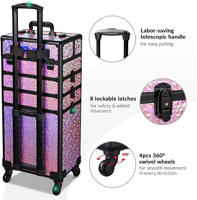 BYOOTIQUE Rolling Makeup Case 4in1 Cosmetology case on wheels Makeup Artist | Aluminum Rolling Makeup Suitcase with 360° Detachable Wheel Lockable 54Lb Large Capacity Organizer Nail Tech Mermaid Pink - Image 4