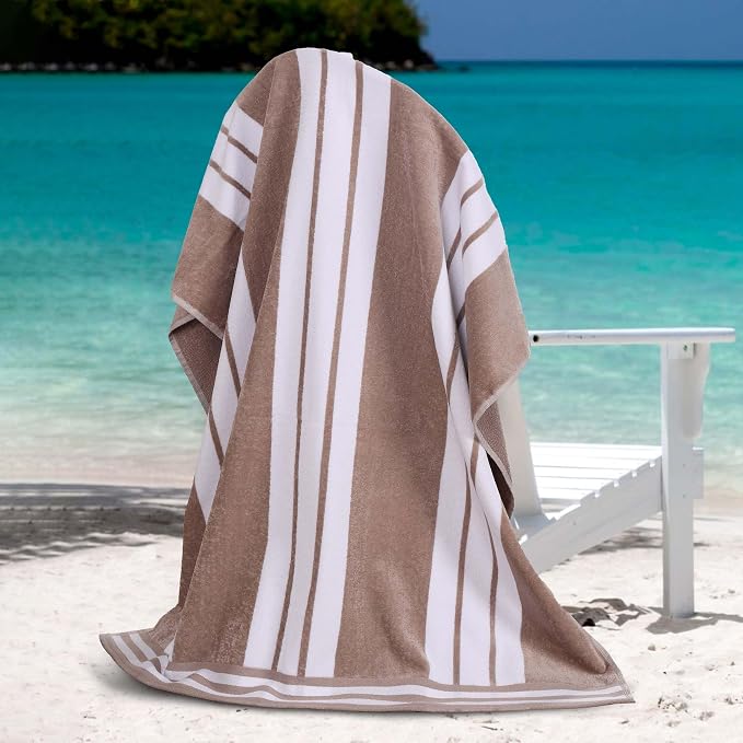 Superior Oversized Cotton Beach Towel Set of 6, Absorbent Towels for Bathroom, Beach, Pool, Swim, Adults, Kids, Vacation, Travel, Bath Sheet, Quick Dry Basics, Trip Essentials, Striped Decor, Taupe by SUPERIOR