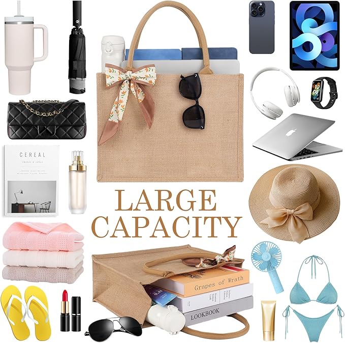 Waterproof Large Jute Tote Bag Set W/Ribbon 15.35x6x12 Inch Women Bridesmaid Gift for Beach Wedding Shopping Travel - Image 7