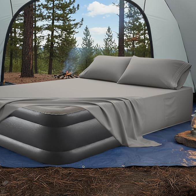 Mocassi 4-Piece Extra Deep Pocket 16-24 Inch Air Mattress Bed Sheet Set- 4PC Sheet Set with Smart Pockets Ideal for Air Beds, RVs, Camping and Guest Rooms Premium Hotel Quality, Cal King, Grey - Image 4
