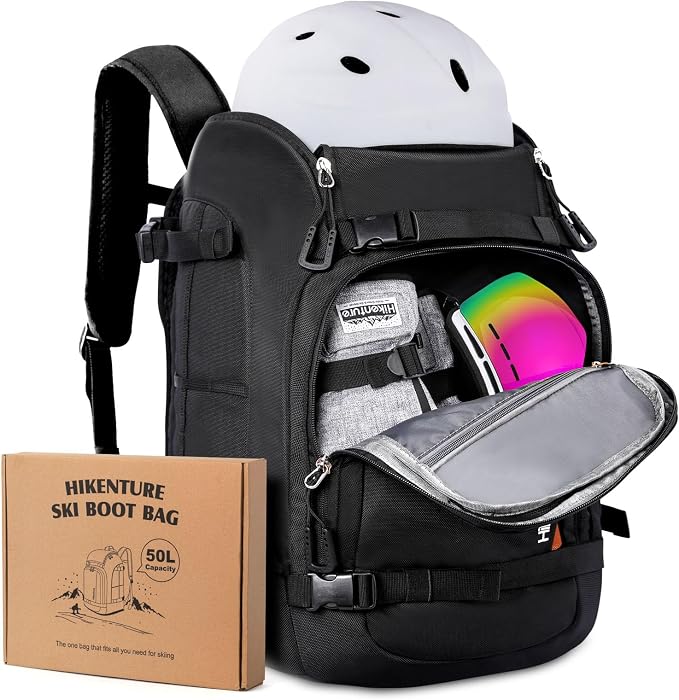 Hikenture Ski Boot Bag Backpack, 50L Padded Ski Bag & Snowboard Boot Bag with Drain Holes, Large Capacity Water-Resistant Ski Travel Bag for Ski Boots, Helmet, Goggles, Clothes, Gloves, Snowboard Gear by HIKENTUREOUTDOOR
