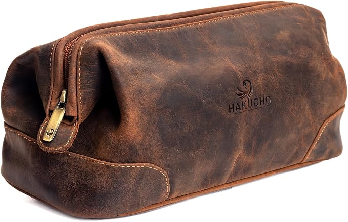 Genuine Leather Toiletry Bag for Travel, Gym, and Daily Use, Grooming Travel Kit, Large Shaving Bag with Waterproof Lining Gift for Men & Women (Tan Brown) by HAKUCHO