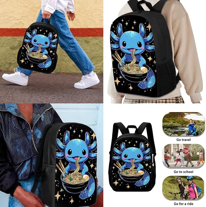 Blue Axolotl Backpack with Lunch Box Kids Girls 6-8/5-7 Ramen Elementary School Bookbag Lunchbox Pencil Case Water Bottle Holder Galaxy Anime Book Bag 4 in 1 Student Back Pack Set 1st Grade - Image 3