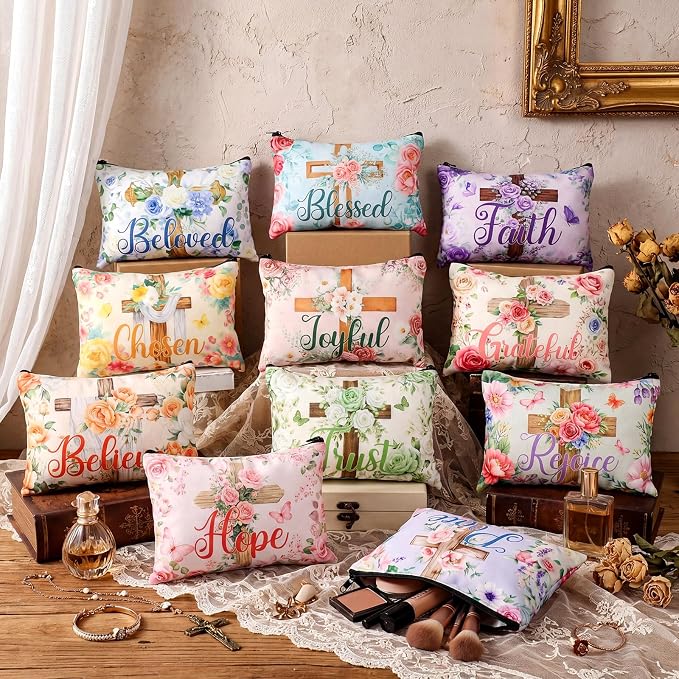 Sweetude 24 Pcs Religious Makeup Bag Bulk Christian Flower Cross Portable Travel Cosmetic Bags with Zipper Cross Waterproof Roomy Travel Toiletry Organizer Storage Beauty Pouch for Women Gifts - Image 2