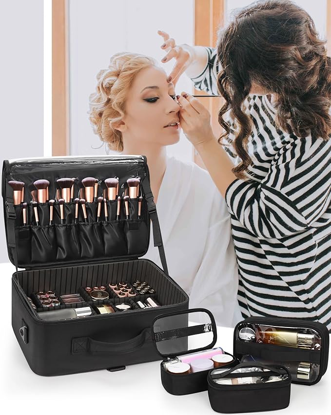 Relavel Large Makeup Case Travel Makeup Train Case Professional Makeup Artist Bag Portable Nail Organizer Box Art Supply Case with Adjustable Dividers (Black with 3 clear bags, Large) - Image 8