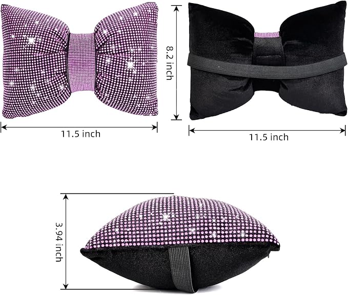 4 PCS Bling Car Pillows,Rhinestones Bowknot Car Headrest Pillow,Pink | Car Neck Pillow for Driver Relax Neck Support,Sleeping Travel Support Neck Pillow,Diamond Interior Accessories for Women - Image 4