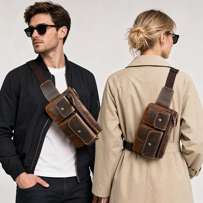 Water Resistant Canvas + Leather Hiking Riding Travel Fanny Waist Pack Small Phone Pouch For Men Women FB811-29 (9802-Brown 2) - Image 3