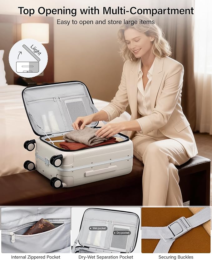 Hanke 24 Inch Checked Luggage PC Hard Case Luggage Top Opening Aluminum Frame Travel Luggage Suitcases with Wheels for Woman Men.(Ivory white) - Image 6