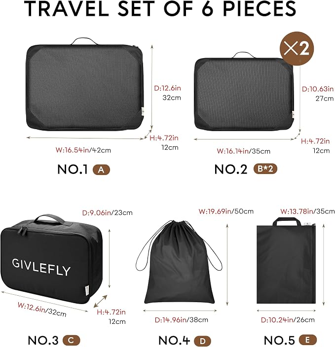GIVLEFLY Compression Packing Cubes for Travel, 6-Piece Lightweight Luggage Organizer Bags, Space Saving Suitcase Packing Set for Women - Image 6