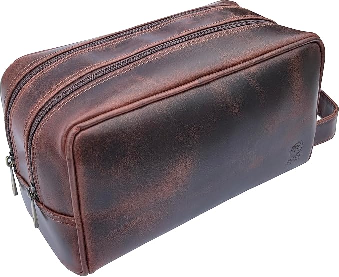 RUSTIC TOWN Leather Toiletry Bag for Men - Travel Shaving Ditty Kit - Bathroom Shower Toiletries Organizer - Leather Cosmetic Bag for Women (Walnut Brown) by RusticTown