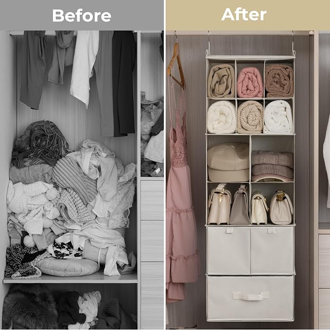 GRANNY SAYS Hanging Closet Organizer with Drawers, 6 Shelf Dividers Closet Hanging Organizer, Portable Foldable Hanging Shelves for Closet, Dorm Room, Bedroom, Kids Room, Beige - Image 7
