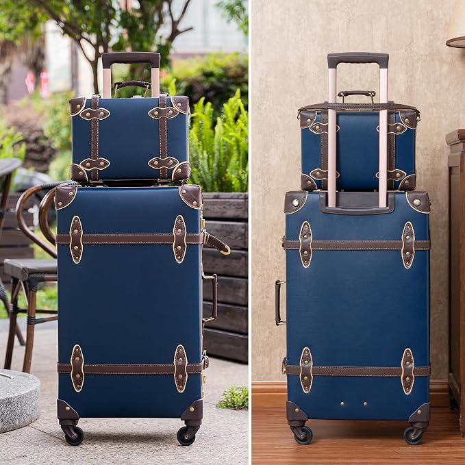 urecity 20" Navy Blue Vintage Luggage Set 2 Piece, Aluminum Frame Retro Carry On Suitcase with Cosmetic Case, Vegan Leather Spinner Trunk for Women (Clear Cover Included) - Image 8