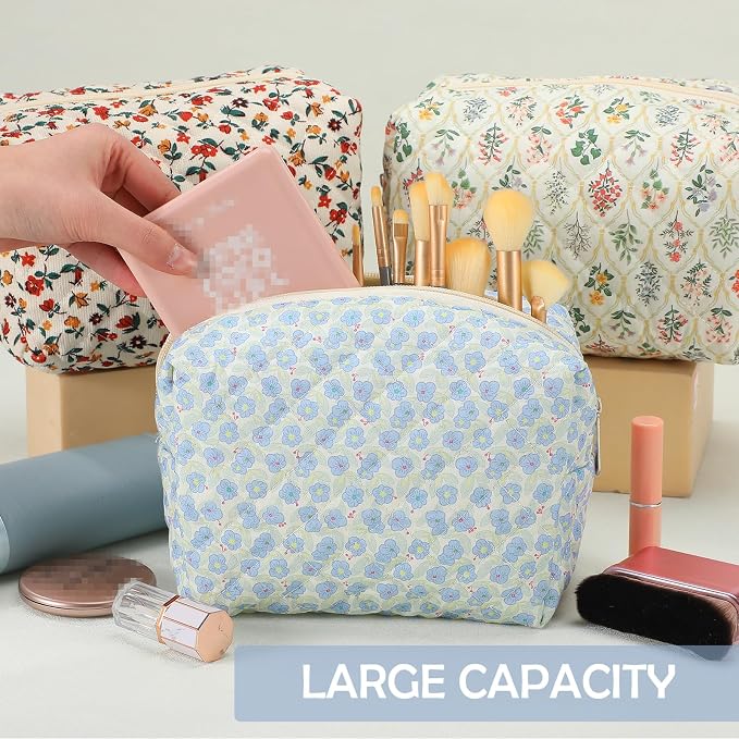 6 Pcs 8 Inch Large Quilted Makeup Bag Bulk Floral Cosmetic Bag Bridesmaid Gifts Women Floral Cotton Quilted Pouch Travel Toiletry Coquette Aesthetic Makeup Organizer for Women - Image 3
