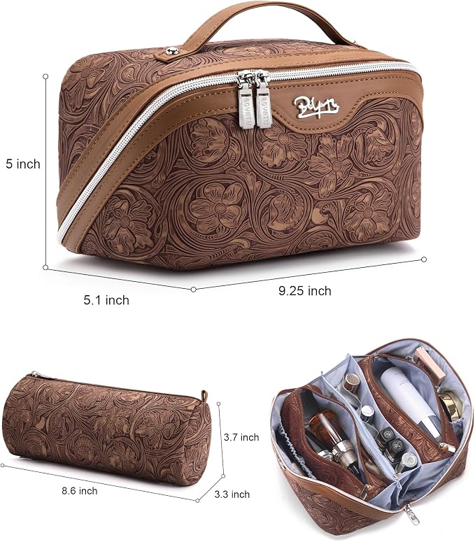 BOYATU Travel Makeup Bags Cosmetic Organizer Bag: 3 Pcs Set Large Capacity Floral Make up Bag with Compartments - Waterproof Leather Toiletry Bags with Handle for Women (19-Brown) - Image 2