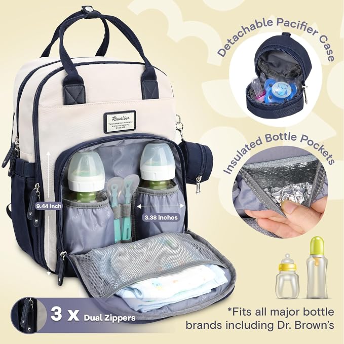 RUVALINO Diaper Bag Backpack-Multifunction Baby Travel Bag with Changing pad, Insulated Bottle Holders & Pacifier Case, Large Capacity, Waterproof, Cream & Blue - Image 4