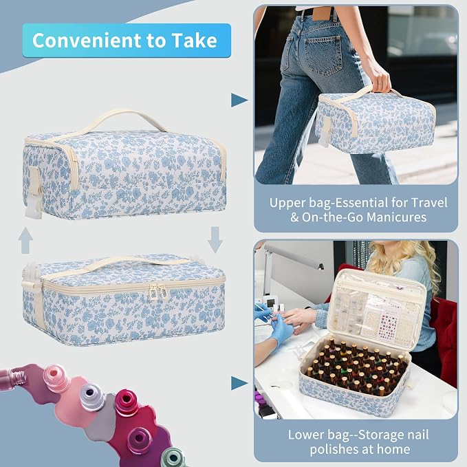 OCHEAL Nail Polish Organizer, Holds Nail Lamp and 45+ Bottles,3 Usage Modes Detachable Nail Storage Bag Travel Nail Tech Case Holds Nail Kit Stuff Manicure Tools -Floral - Image 8
