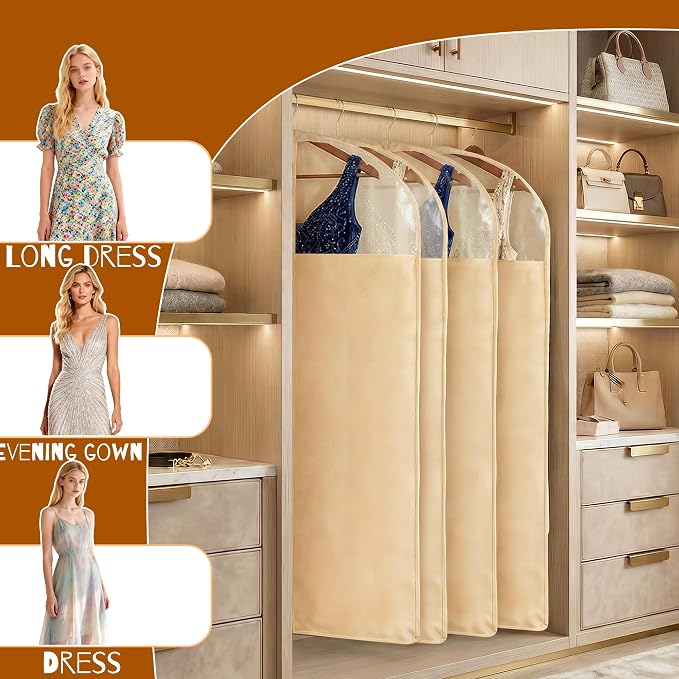 4 Pack 24 x 60 Inches Cotton Garment Bags for Hanging Clothes, Breathable Garment Bags for Long Dress, Fur Coat, Jacket, Gown, Suit, Garments Covers with Clear Window - Image 5