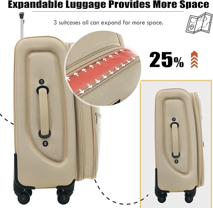 Merax Softside Luggage Set, Travel Suitcase Expandable Lightweight 3 Piece | Luggage Sets with Spinner Wheels 22" 26" 30" Suitcase with TSA Lock (Khaki) - Image 5