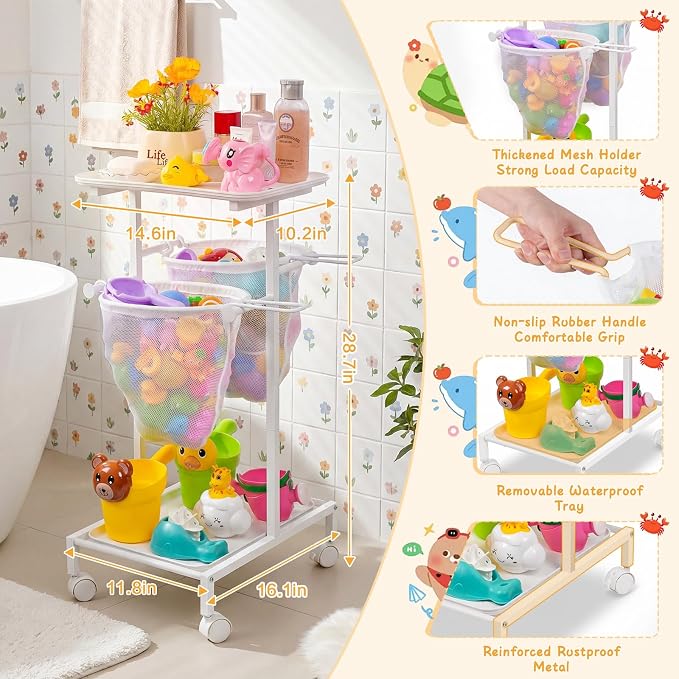 Bath Toy Storage Holder, Quick Drying Bathtub Toy Organizer with 2 Hanging Mesh Net and Shower Caddy, Large Bath Tub Toy Bin Easy Access, Freestanding Bathroom Toys Basket Cart for Toddler - Image 2