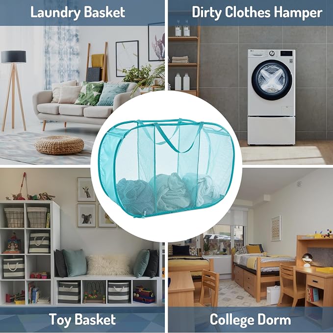 Seiritex Mesh Popup Laundry Hamper 3 Compartment Sortable Horizontal Collapsible Laundry Basket for Clothes Laundry Room Bedroom Toys Travel (Turquoise Blue) - Image 7