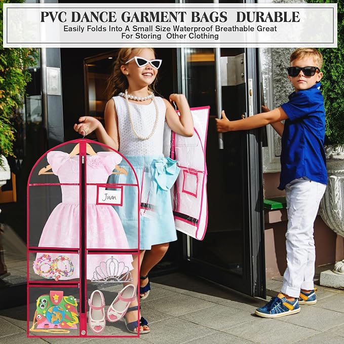 FoldTier 8 Pcs Dance Costume Garment Bag for Dancers 40 Inch Pink Edge Clear PVC Waterproof Garment Bag with 3 Zipper Pockets for Dancers Competitions Hanging Clothes - Image 5
