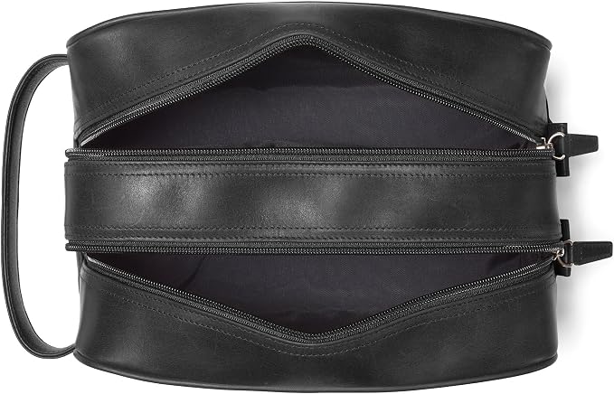 Leatherology Premium Black Oil Double Zip Toiletry Bag – Full-Grain Leather Men's Dopp Kit with Dual Compartments, Water-Resistant Lining & Top-Stitched Handle - Image 3