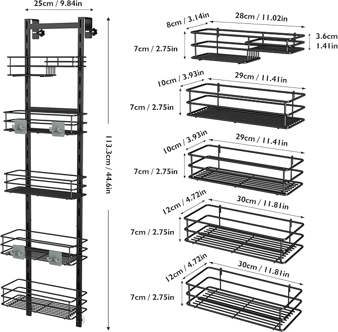 Orimade Over the Door Shower Caddy Adjustable 5 Tier Black,Bathroom Hanging Organizer Shelf Rustproof with 4 Hooks,Shower Basket with Soap Holder and Suction Cup - Image 7