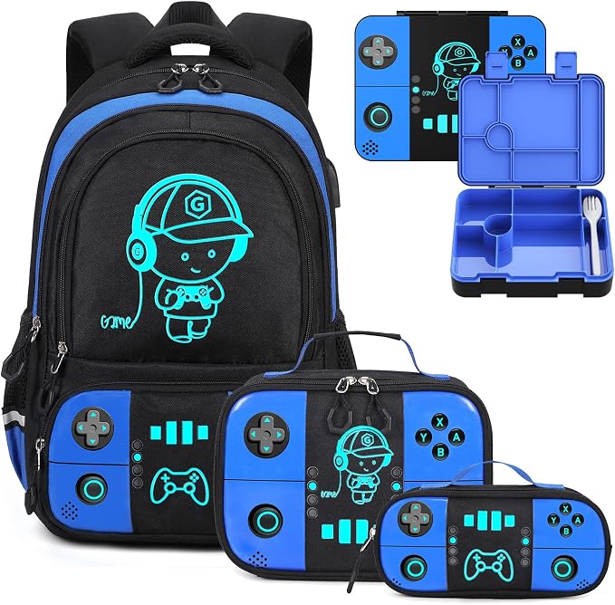 Bevalsa Backpack for Boys with 43OZ Bento Lunch Box,Insulated Lunch Bag & Pencial Case,Cool Luminous Gamer Schoolbag for Kids Teens Elementary Middle School,Bookbag Glow In The Dark by Bevalsa