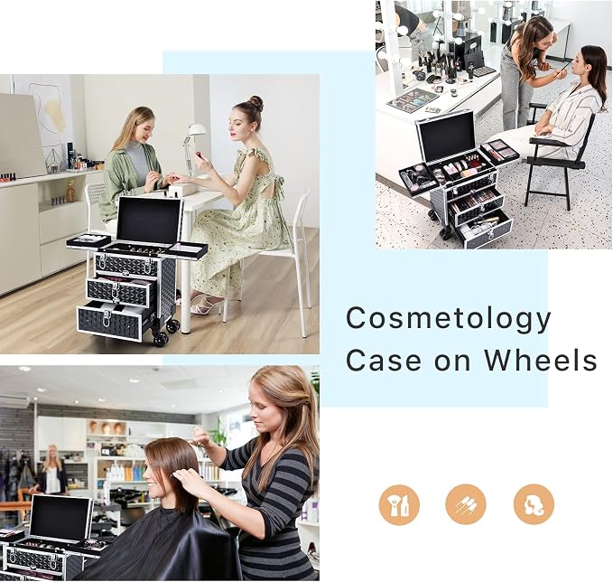 FRENESSA Professional Rolling Makeup Case Aluminum Trolley Train Case with 360° Swivel Wheels for Makuep Artist Travel Cosmetic Organizer with Sliding Drawers for Nail Tech Hairstylist Barber, Black - Image 2