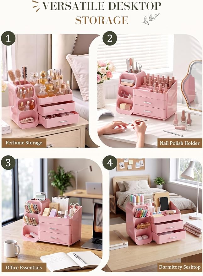 Makeup Organizer with Drawers,Large Capacity Countertop Organizer for Vanity,Bathroom and Bedroom Desk Cosmetics Organizers,Easy To Storage Skincare,Brushes,Lotions (All Pink) - Image 6