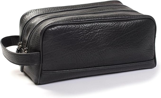 Leatherology Premium Ebony Double Zip Toiletry Bag – Full-Grain Leather Men's Dopp Kit with Dual Compartments, Water-Resistant Lining & Top-Stitched Handle - Image 2