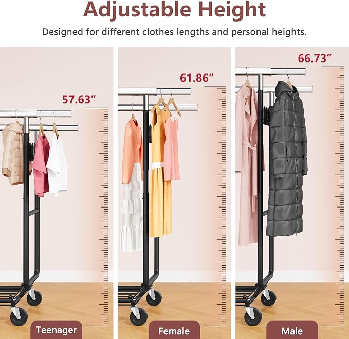 Hoctieon 2-Minute Assembly Double Rod Clothes Rack, Heavy Duty Rolling Clothing Racks with Wheels, Foldable Commercial Garment Rack, Extendable Hanging Bar, Adjustable Metal Pole with Hooks, Black - Image 7