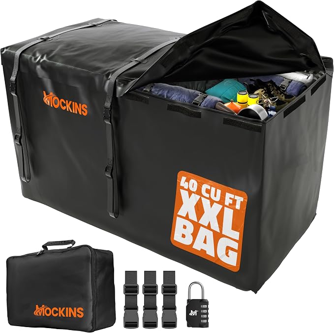 Mockins 40 CuFt XXL Trailer Hitch Cargo Carrier Bag w/Straps, Lock & Case | 70"x30"x33" Waterproof Cargo Bag for Hitch Carrier | All-Weather Abrasion-Resistant Vinyl Vehicle Soft-Shell Carriers by Mockins