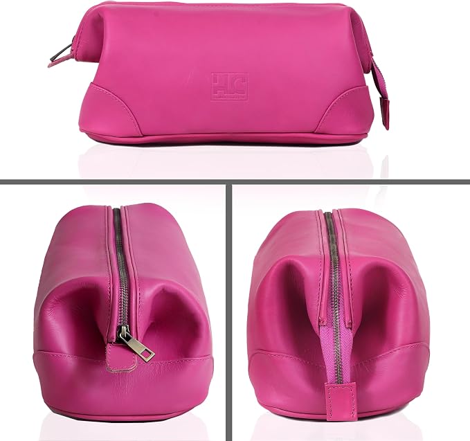 HLC Leather Toiletry Bag for Men Best Gift Premium Genuine Dopp Kit Shaving Kit Organizer Travel Kit Pouch Bag 10 inch Size (Pink) - Image 5