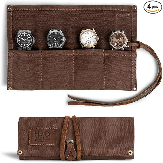 Hide & Drink, Waterproof Waxed Canvas Travel Watch Roll Organizer with 4 Slots, Easy Carry On Watchlover Storage, Handmade Travel Case, Honey Bourbon by HideDrink