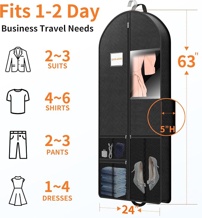 Garment Bag Travel Suit Storage: 63 Inch 3 Packs Fabric Breathable Zippered - Clothes Covers Carry Shoe Pockets Lightweight - Women Travel Wardrobe Protector Hanging Up Multiple - Image 2