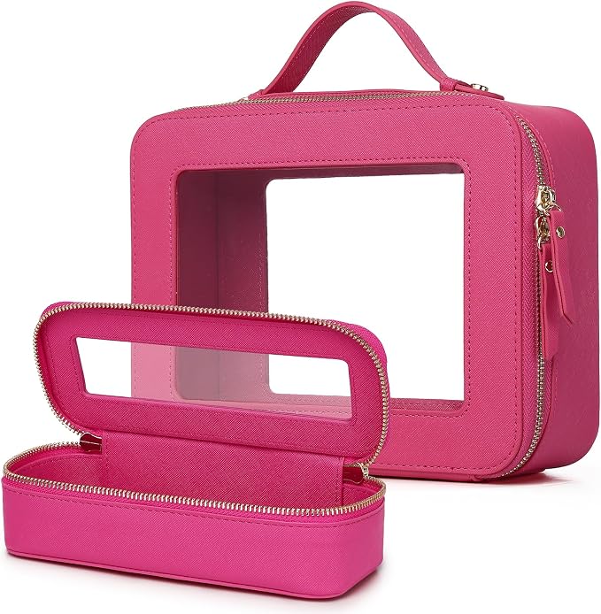 Clear Travel Makeup Bag, Fuxia, L+Slim | With Brush Bag, Transparent, Waterproof, With Zipper, For Women by LOFOWN
