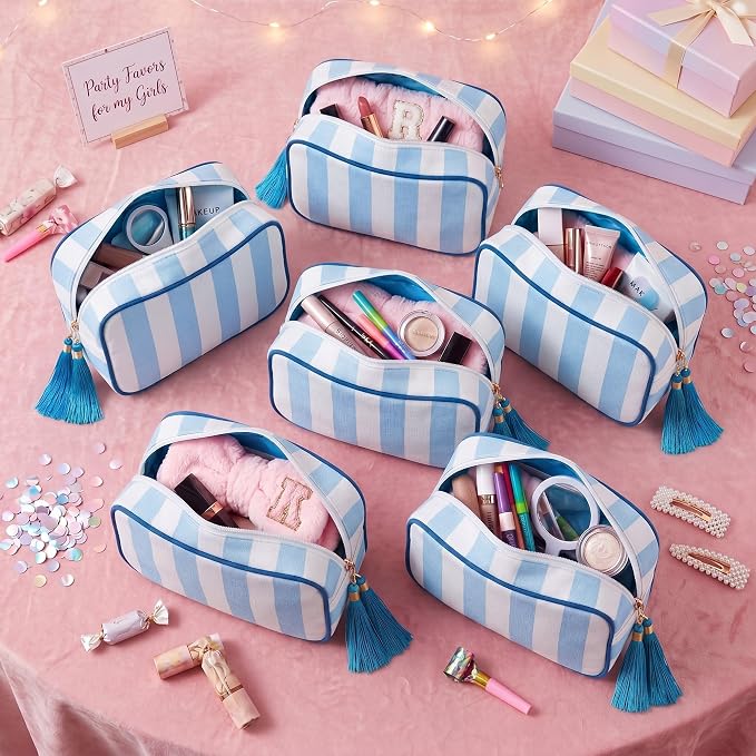 Kacctyen 6 Pack Baby Blue and White Striped Makeup Bag bulk with Tassel Travel Cosmetic Pouch Organizer Large Zipper Toiletry Case for Women Aesthetic Storage Pouch Mahjong Tile Bag - Image 4
