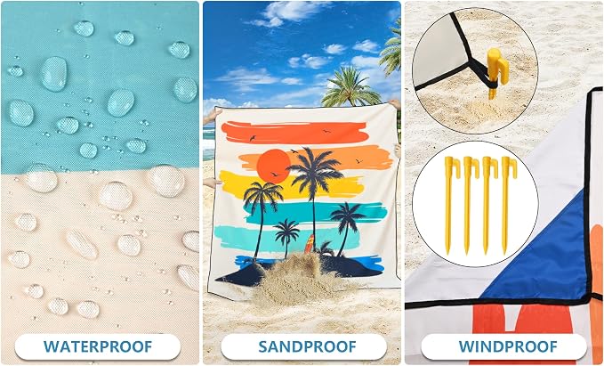 HIHOHO Beach Blanket Waterproof Sandproof Beach Mat 79”x 83” for 1-8 Adults Quick Drying Durable Outdoor Picnic Mat for Beach Festival Travel Camping Hiking (Rainbow Cocotree-YL, 79"×83"(4 Person)) - Image 4