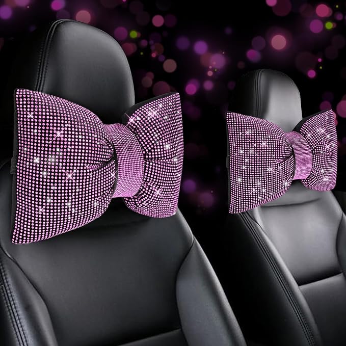 4 PCS Bling Car Pillows,Rhinestones Bowknot Car Headrest Pillow,Pink | Car Neck Pillow for Driver Relax Neck Support,Sleeping Travel Support Neck Pillow,Diamond Interior Accessories for Women by ChuLian