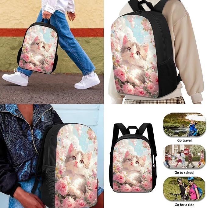 Custom Cat Backpack Lunchbox Set for Girls Personalized Pink Flower Kids Bookbags for 2nd Grade Elementary School Back Pack 4 in 1 Middle Book Bags Lunch Bag Pencil Case Water Bottle Carrier - Image 3